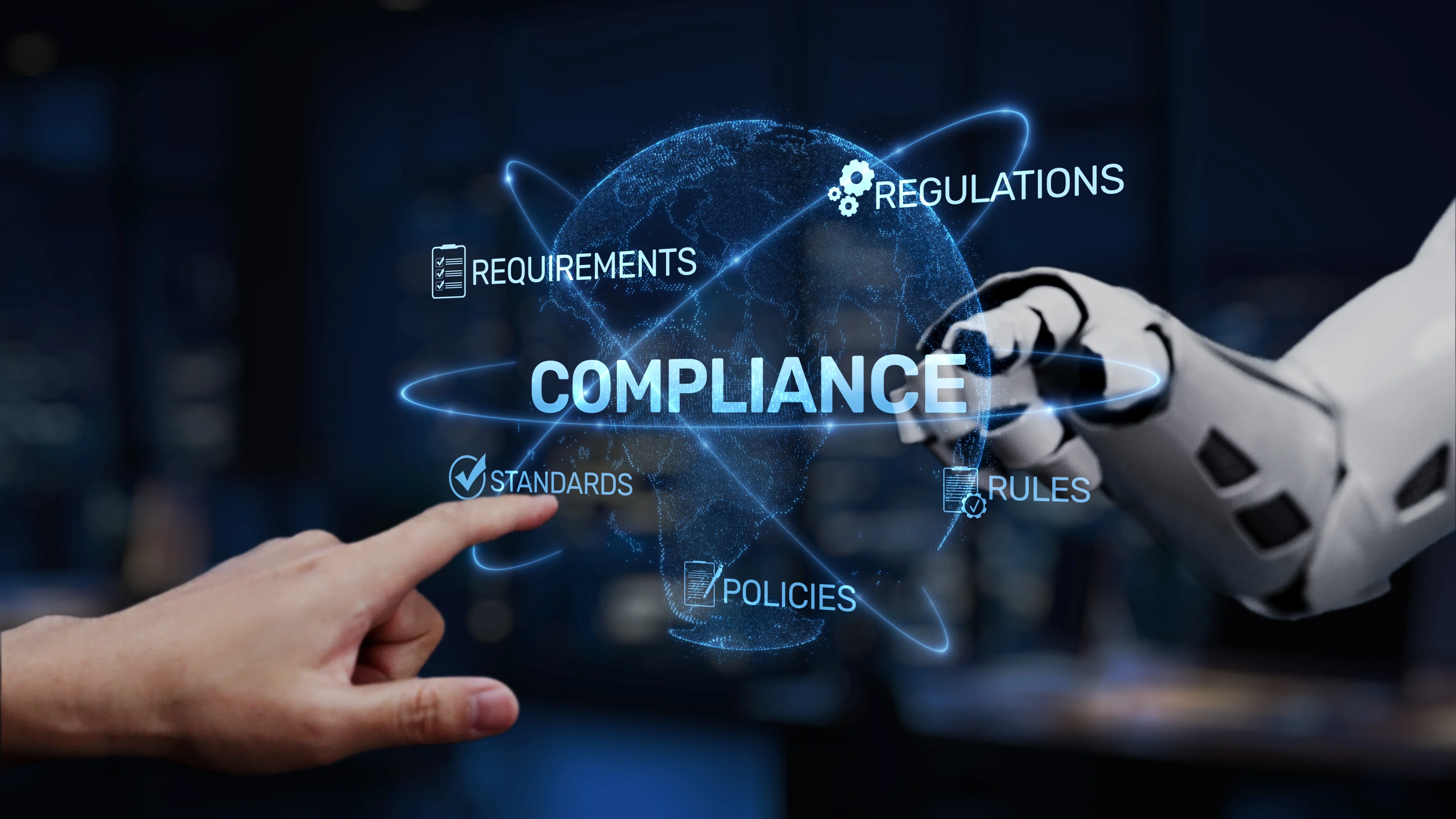 Human hand and robotic AI hand reaching toward a glowing digital compliance globe surrounded by icons for regulations, requirements, standards, policies, and rules — representing the intersection of artificial intelligence and federal procurement compliance