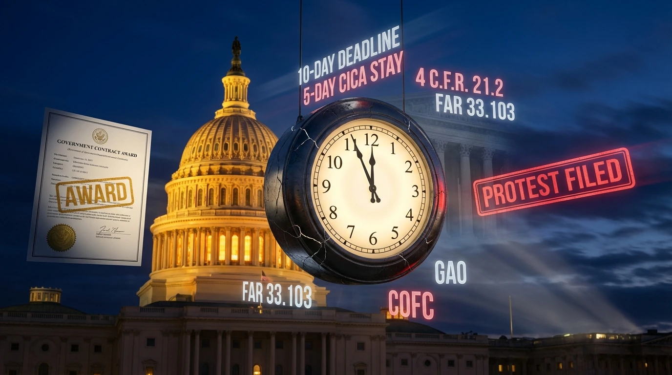 Government contract bid protest deadline scene at the U.S. Capitol — a large hanging clock showing the 10-day deadline and 5-day CICA stay countdown, with a government contract award document stamped 'Award' on the left, a red 'Protest Filed' stamp on the right, and glowing labels for the three protest forums: GAO, COFC, and FAR 33.103, alongside regulatory references 4 C.F.R. 21.2 and FAR 33.103