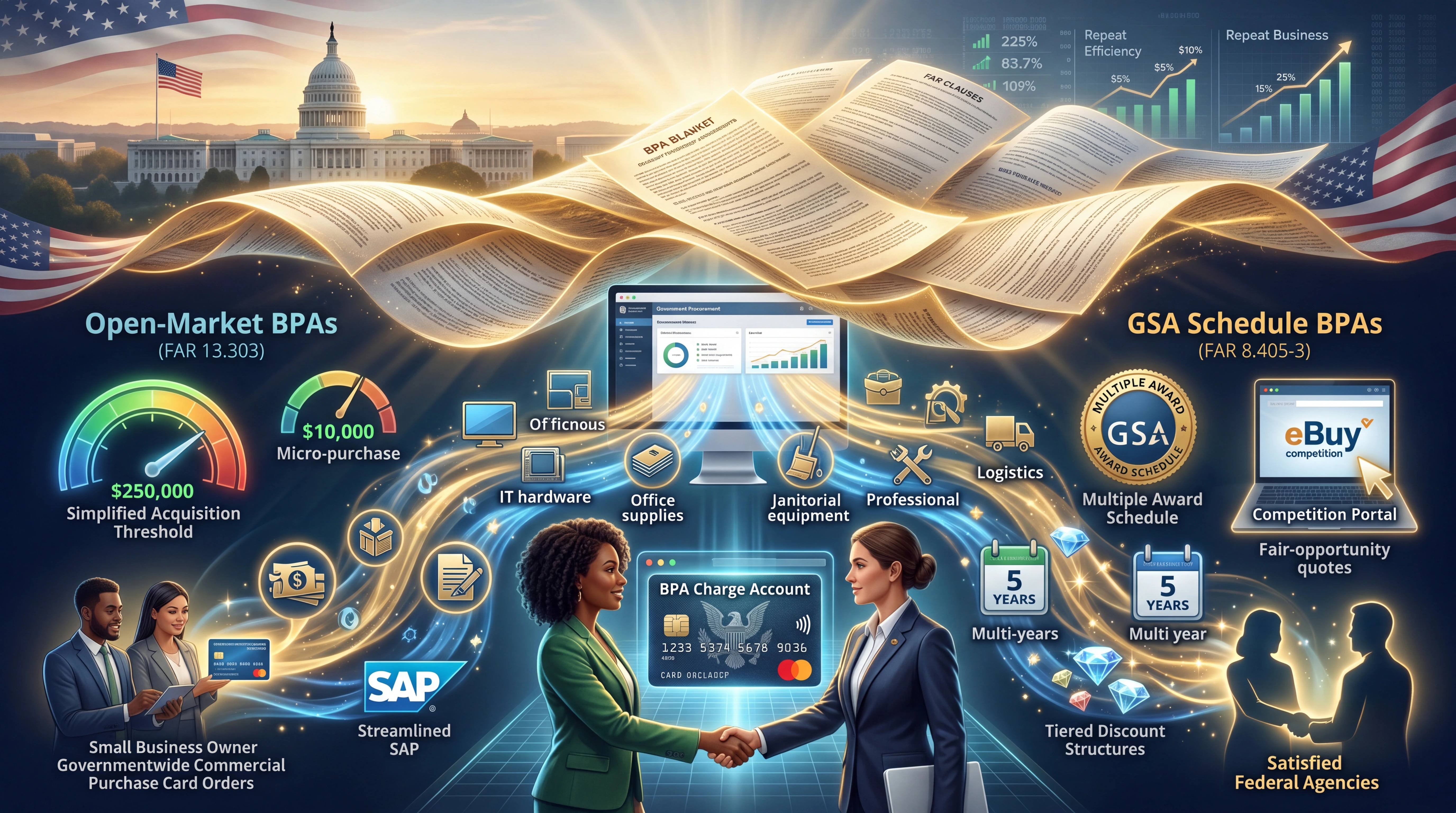 A split-scene illustration of government BPA contracting showing Open-Market BPAs under FAR 13.303 on the left with a $10,000 micro-purchase gauge, $250,000 simplified acquisition threshold, small business owner, governmentwide purchase card, and streamlined SAP label; and GSA Schedule BPAs under FAR 8.405-3 on the right with Multiple Award Schedule badge, eBuy competition portal, 5-year multi-year calendar, tiered discount structures, and satisfied federal agencies — center features two contractors shaking hands over a BPA Charge Account card with a BPA blanket document flowing above and the U.S. Capitol behind an American flag at sunrise