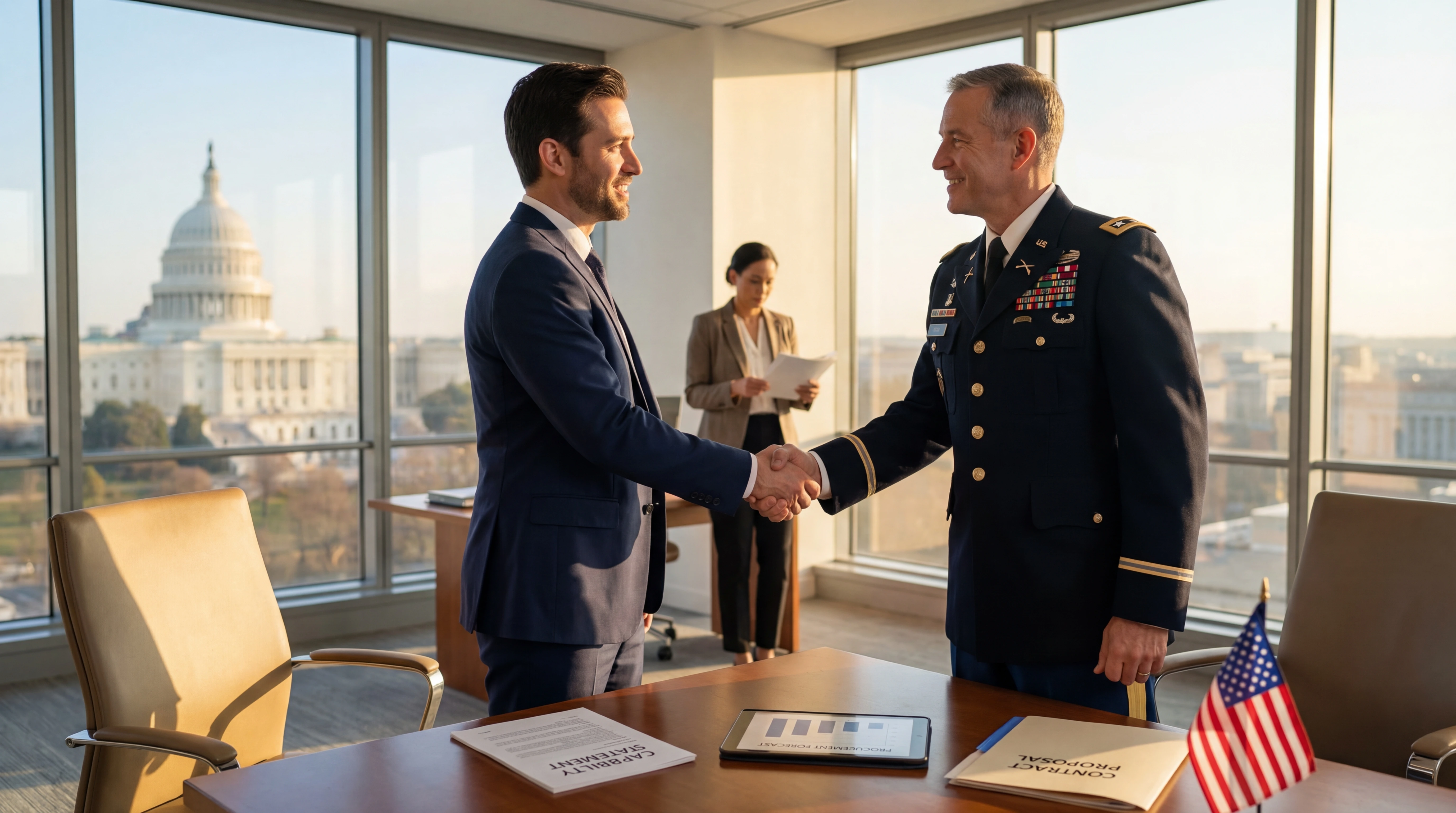 A government contractor in a navy suit shaking hands with a uniformed U.S. Army officer in a conference room with the U.S. Capitol visible through the window, with a capability statement and contract proposal on the table and an American flag in the background, representing building relationships with government contracting officers