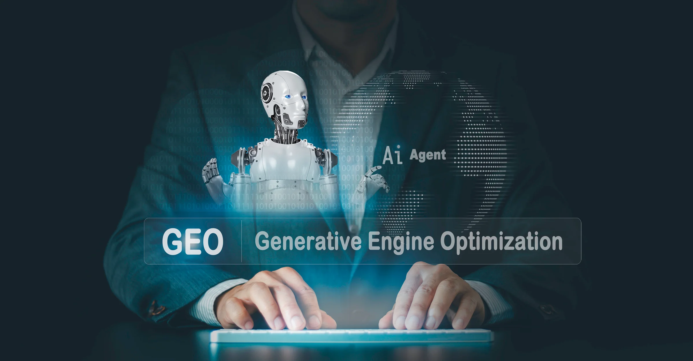 AI robot agent sitting at a keyboard with a glowing digital globe and Generative Engine Optimization (GEO) text overlay, representing AI-powered government contract research and federal procurement analysis