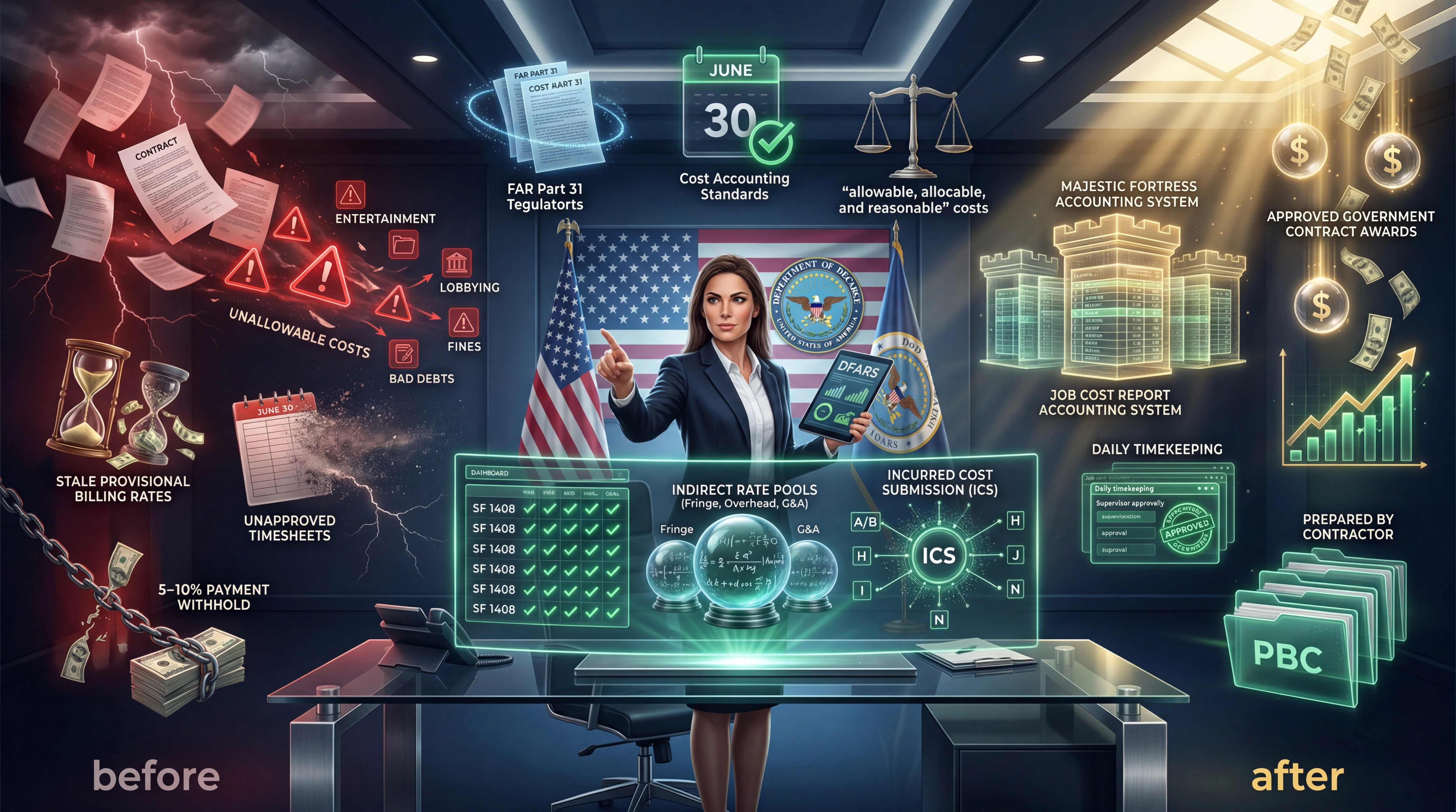 Federal contracting professional at a government office desk presenting DCAA audit compliance concepts — SF 1408 checklists, indirect rate pools, incurred cost submission schedules, daily timekeeping, and PBC folders — contrasting audit risks such as unallowable costs and payment withholds on the left with an approved accounting system and contract awards on the right