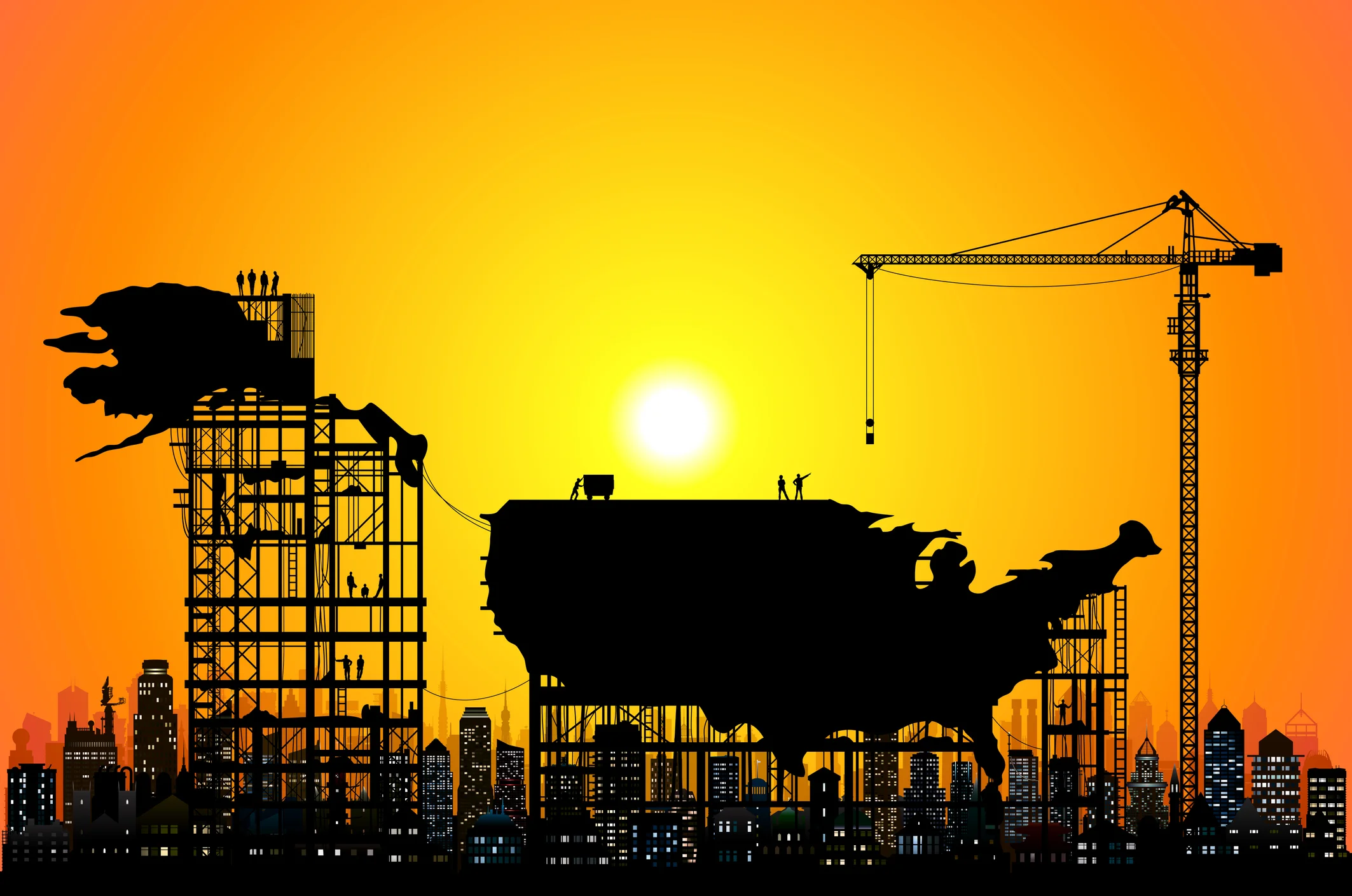 Silhouette of the United States map under construction with cranes, scaffolding, and workers against a golden sunset skyline, representing federal government construction contracts and infrastructure opportunities