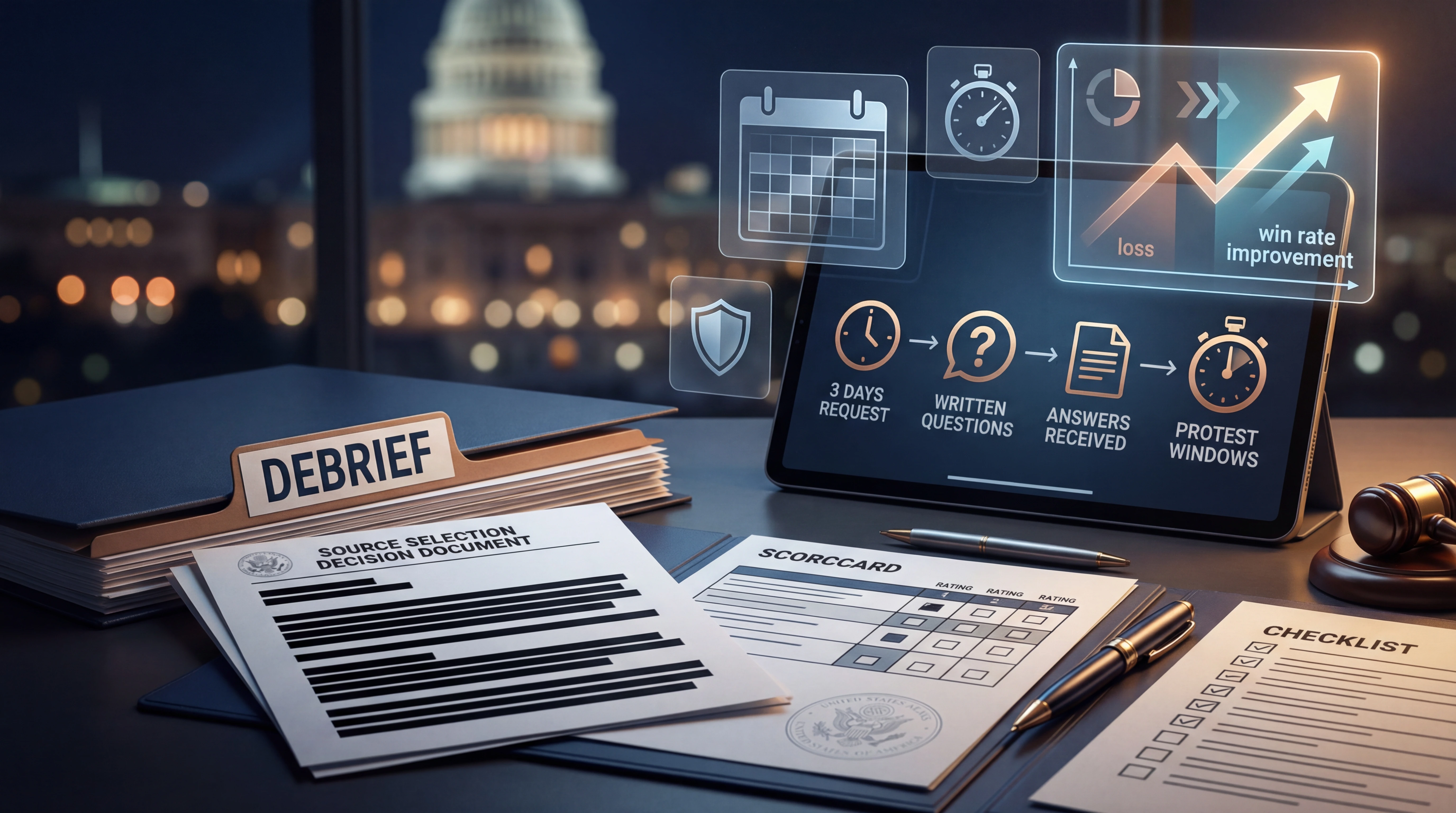 Government contract debriefing workspace near the U.S. Capitol — a redacted source selection decision document labeled DEBRIEF, a proposal scorecard with evaluation ratings, a debriefing checklist, and a digital screen showing the FAR 15.506 debriefing timeline with 3-day request window, written questions, answers received, and protest window icons alongside a win rate improvement chart tracking losses to future wins