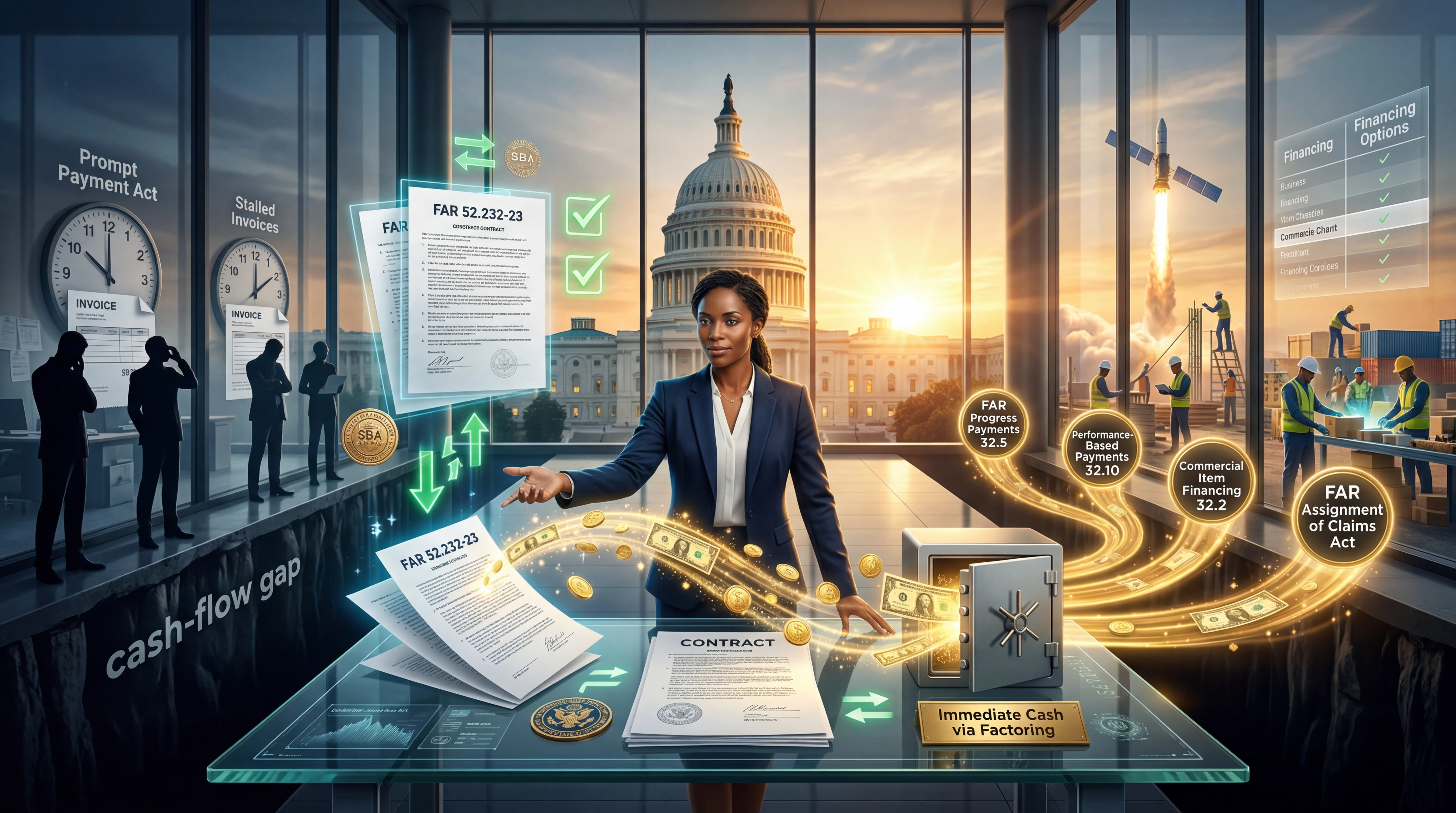 Federal contracting professional in a modern office presenting FAR 52.232-23 assignment of claims documents with glowing cash flow icons — FAR Progress Payments 32.5, Performance-Based Payments 32.10, Commercial Item Financing 32.2, and FAR Assignment of Claims Act labels floating above a government contract on a glass desk, with the U.S. Capitol visible at sunset through floor-to-ceiling windows