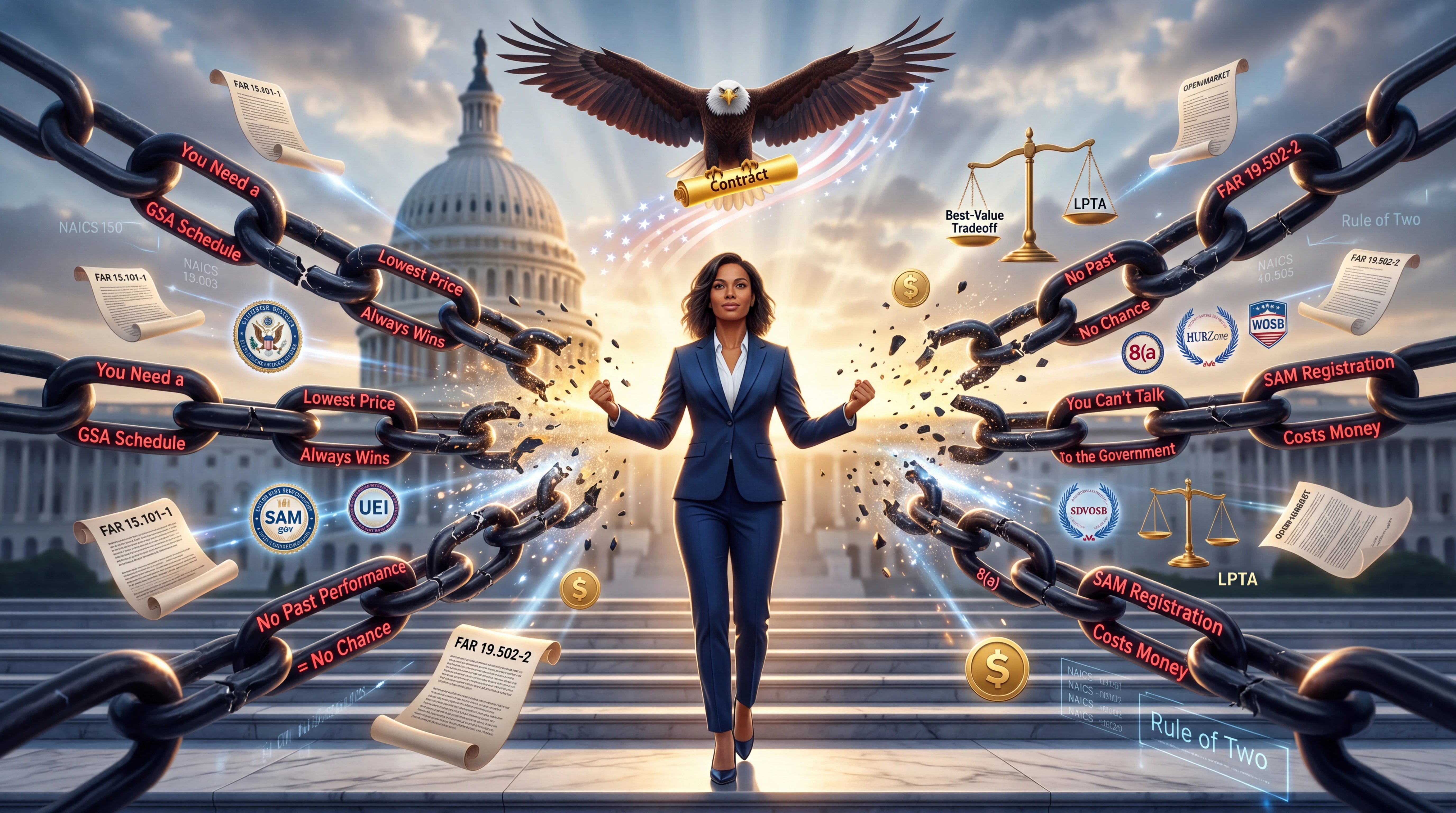 A confident businesswoman in a navy suit breaks heavy chains labeled with government contracting myths — You Need a GSA Schedule, Lowest Price Always Wins, No Past Performance No Chance, You Can't Talk to the Government, and SAM Registration Costs Money — in front of the U.S. Capitol with a bald eagle carrying a contract overhead, representing the debunking of the five biggest myths about how to win government contracts