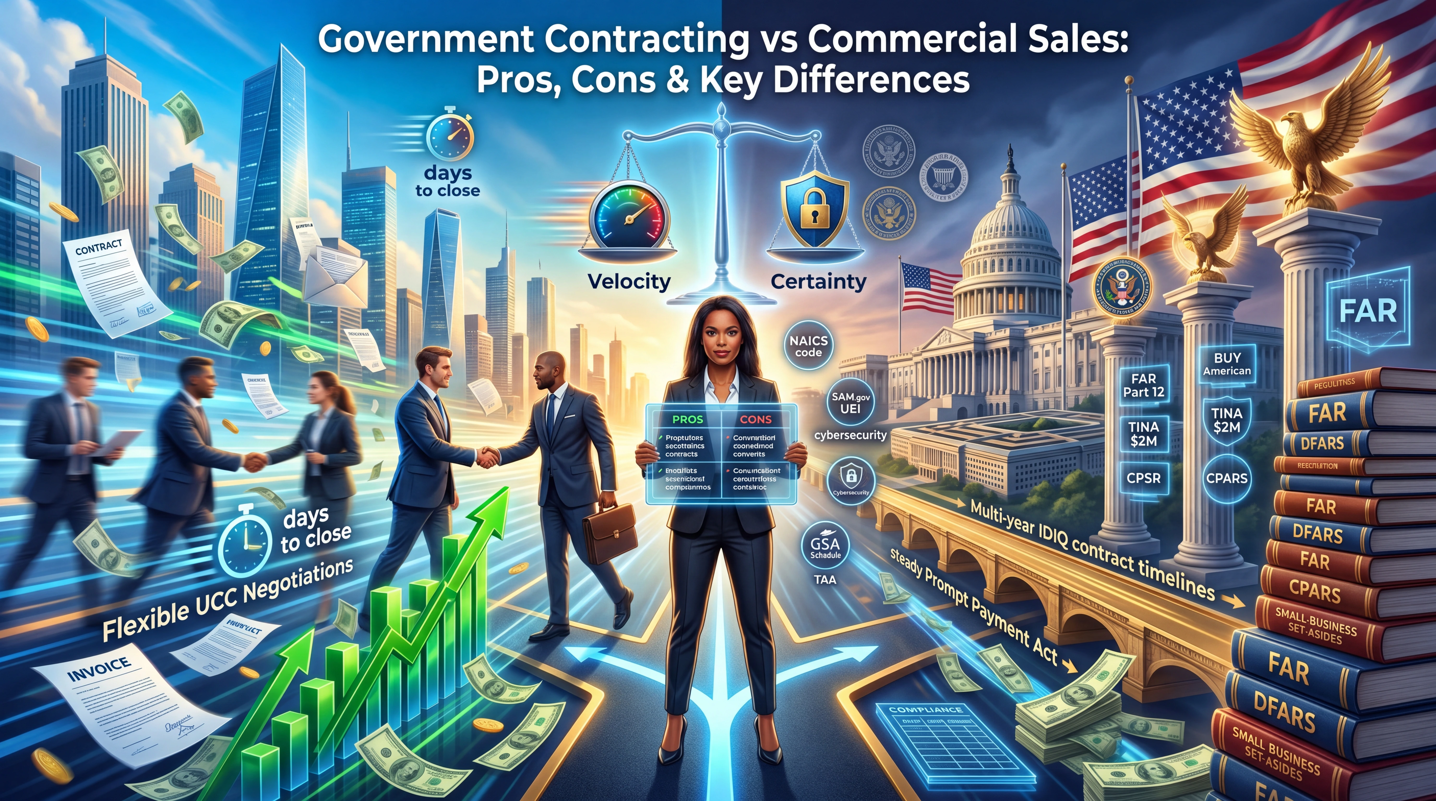 A confident businesswoman holds a PROS/CONS comparison board at the center of a split scene — on the left a commercial skyline with handshakes, invoices, flexible UCC negotiations, and a days-to-close clock; on the right the U.S. Capitol flanked by FAR and DFARS regulation books, a Velocity vs Certainty scale, NAICS code and SAM.gov UEI labels, multi-year IDIQ contract timelines, and a Steady Prompt Payment Act arrow — illustrating the trade-offs between government contracting and commercial sales