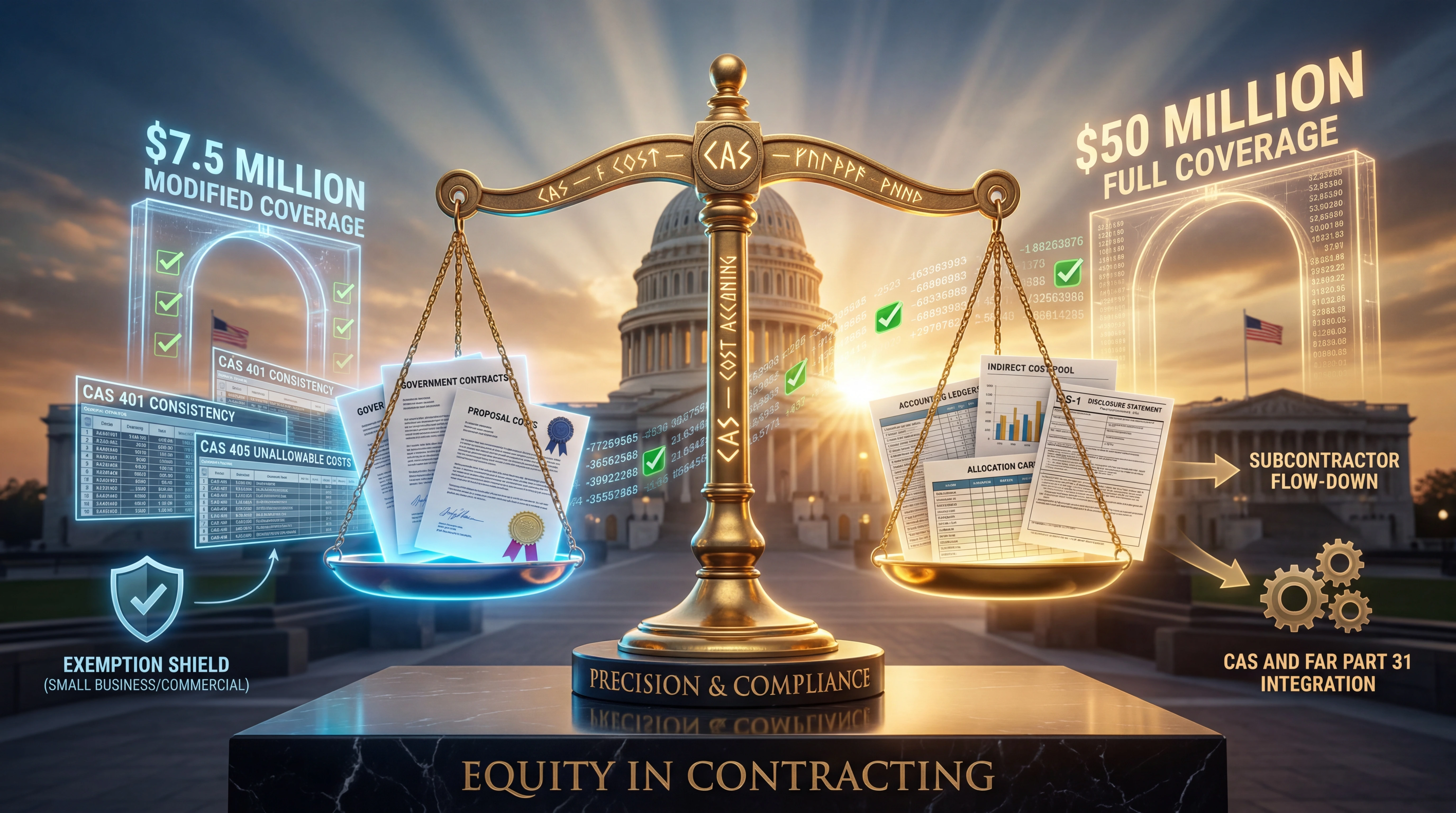 Balance scale with CAS cost accounting documents comparing $7.5 million modified coverage and $50 million full coverage thresholds for government contractor compliance against a U.S. Capitol background