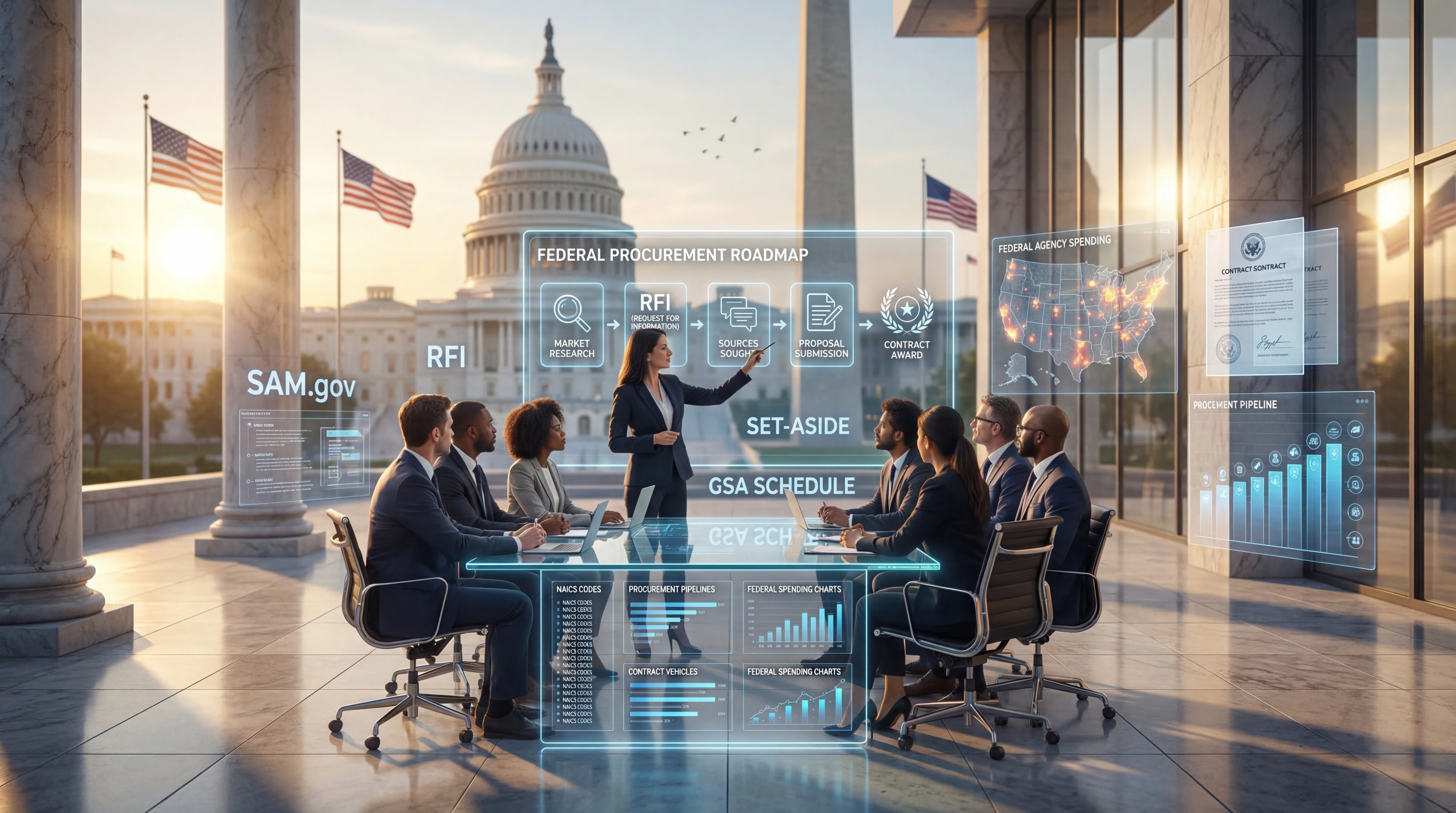 Government contractor business development team in a marble-columned conference room near the U.S. Capitol, with a female BD strategist presenting a federal procurement roadmap showing RFI, market research, sources sought, proposal submission, and contract award stages on a holographic display, surrounded by floating data panels for SAM.gov, set-asides, GSA Schedule, NAICS codes, procurement pipelines, contract vehicles, federal spending charts, and federal agency spending maps