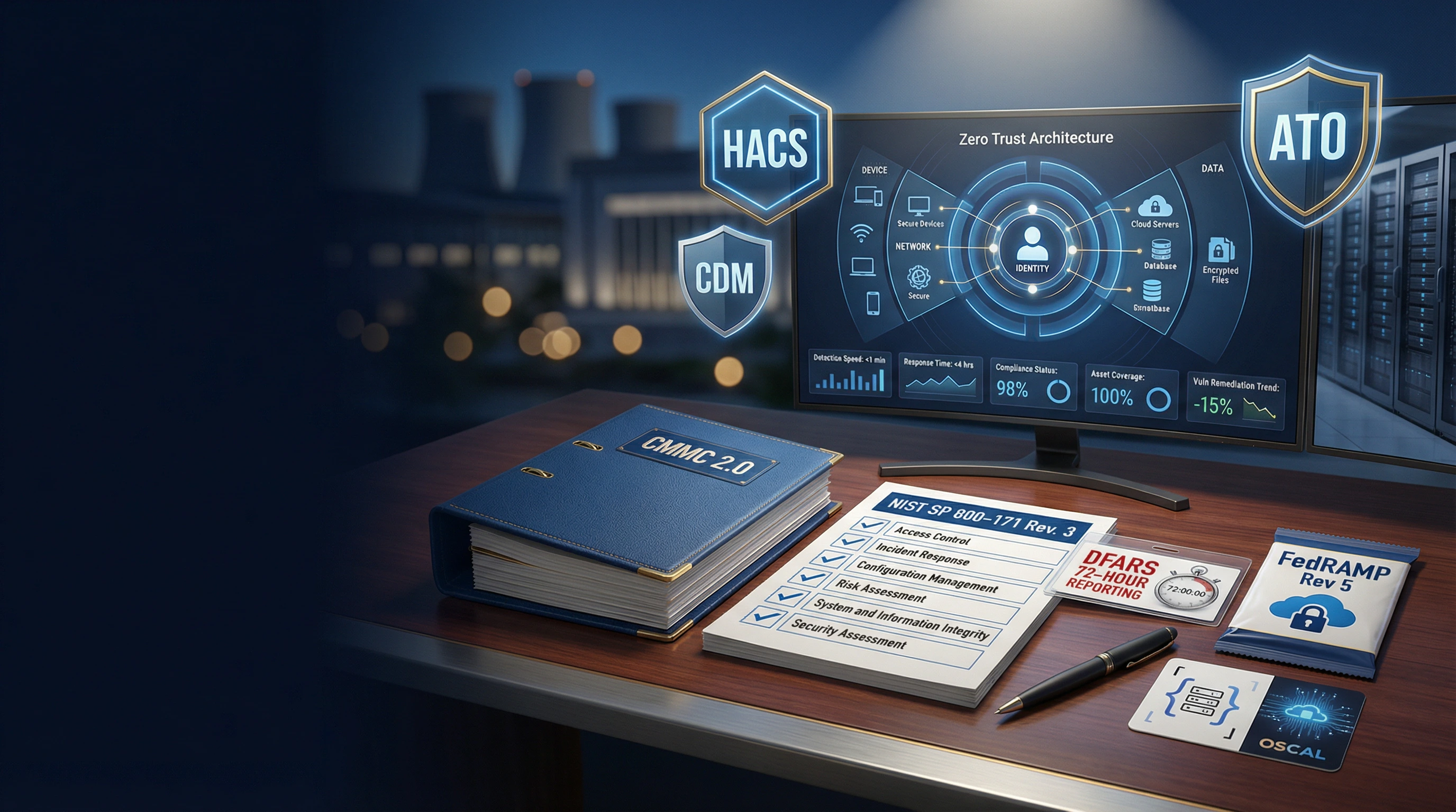 Government cybersecurity contracts workspace showing a CMMC 2.0 compliance manual, NIST SP 800-171 Rev. 3 security controls checklist, DFARS 72-hour incident reporting badge, FedRAMP Rev 5 cloud authorization card with OSCAL logo, a zero trust architecture dashboard displaying identity-device-network-data pillars with detection speed and compliance metrics, and HACS CDM and ATO shield icons against a federal data center backdrop