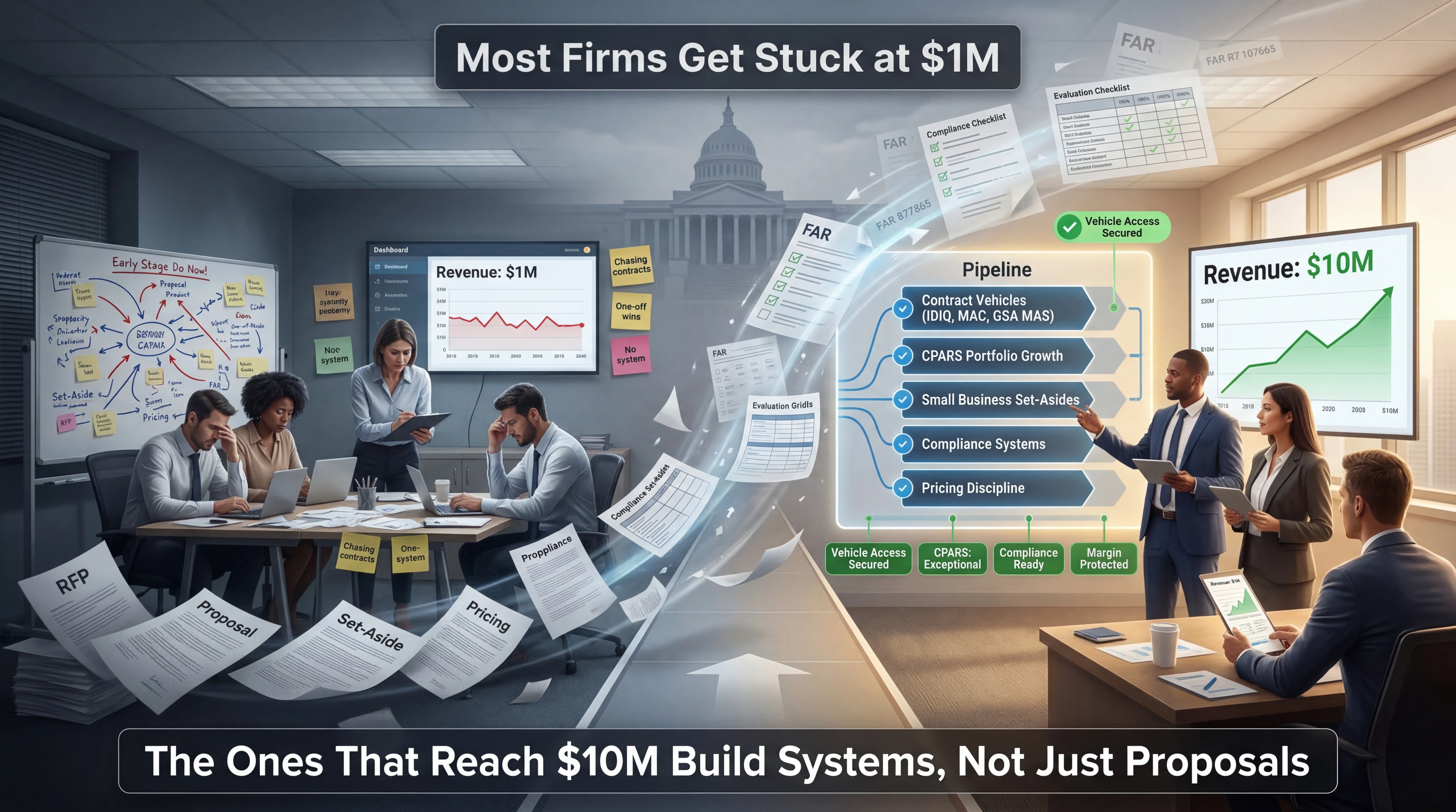 Split-screen illustration showing a stressed government contracting team stuck at $1M revenue on the left with scattered proposals and no systems, transitioning through a pipeline framework showing contract vehicles, CPARS portfolio growth, small business set-asides, compliance systems, and pricing discipline, to a confident team reaching $10M revenue on the right with organized growth charts, the U.S. Capitol visible in the background