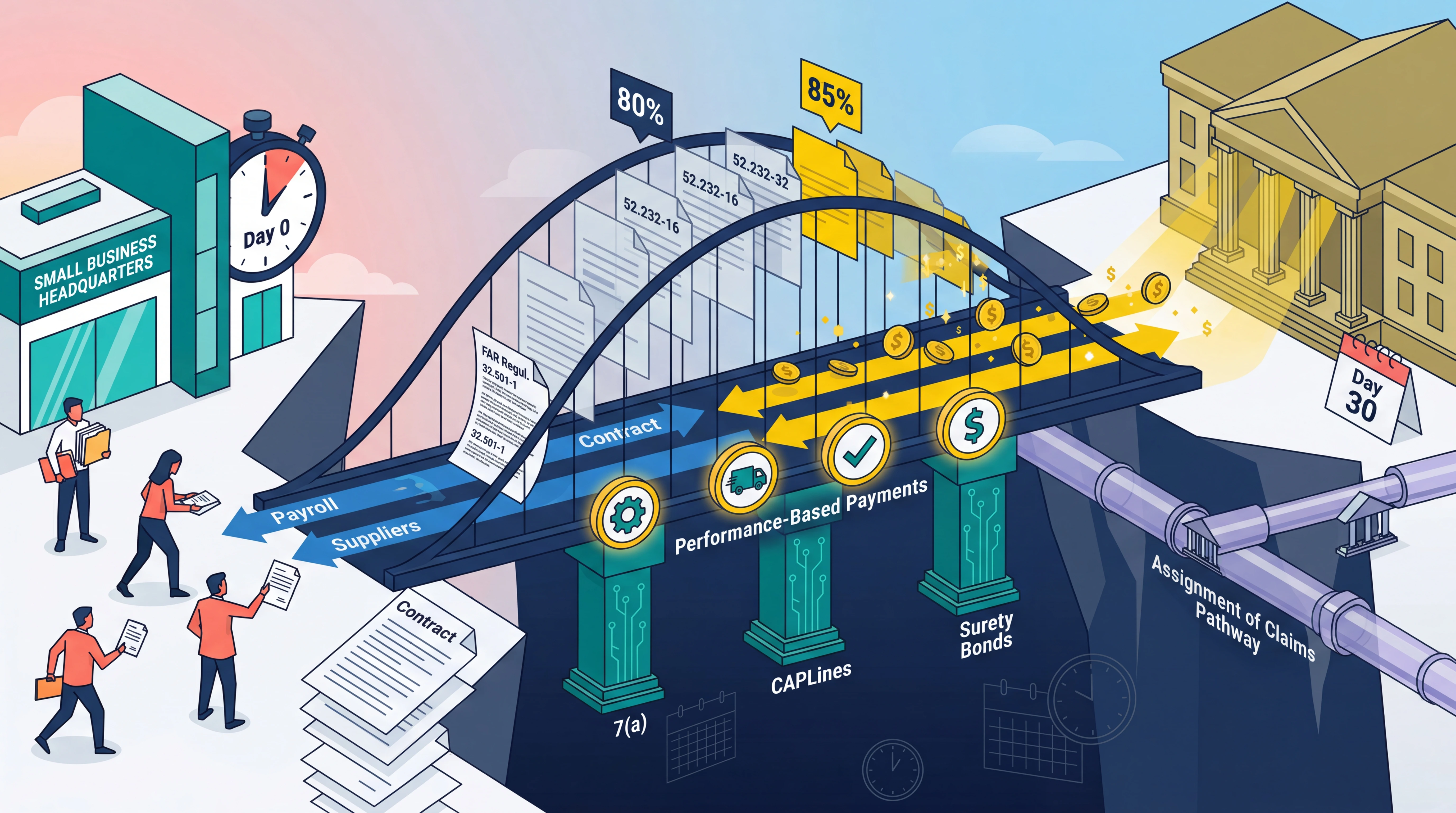 Illustrated bridge diagram connecting a Small Business Headquarters on Day 0 to a federal agency building on Day 30, with financing pillars labeled SBA 7(a), CAPLines, Performance-Based Payments, and Surety Bonds supporting the span — FAR clauses 52.232-16 and 52.232-32 displayed at 80% and 85% reimbursement rates — and an Assignment of Claims pipeline flowing underneath, showing how government contract financing tools bridge the cash-flow gap
