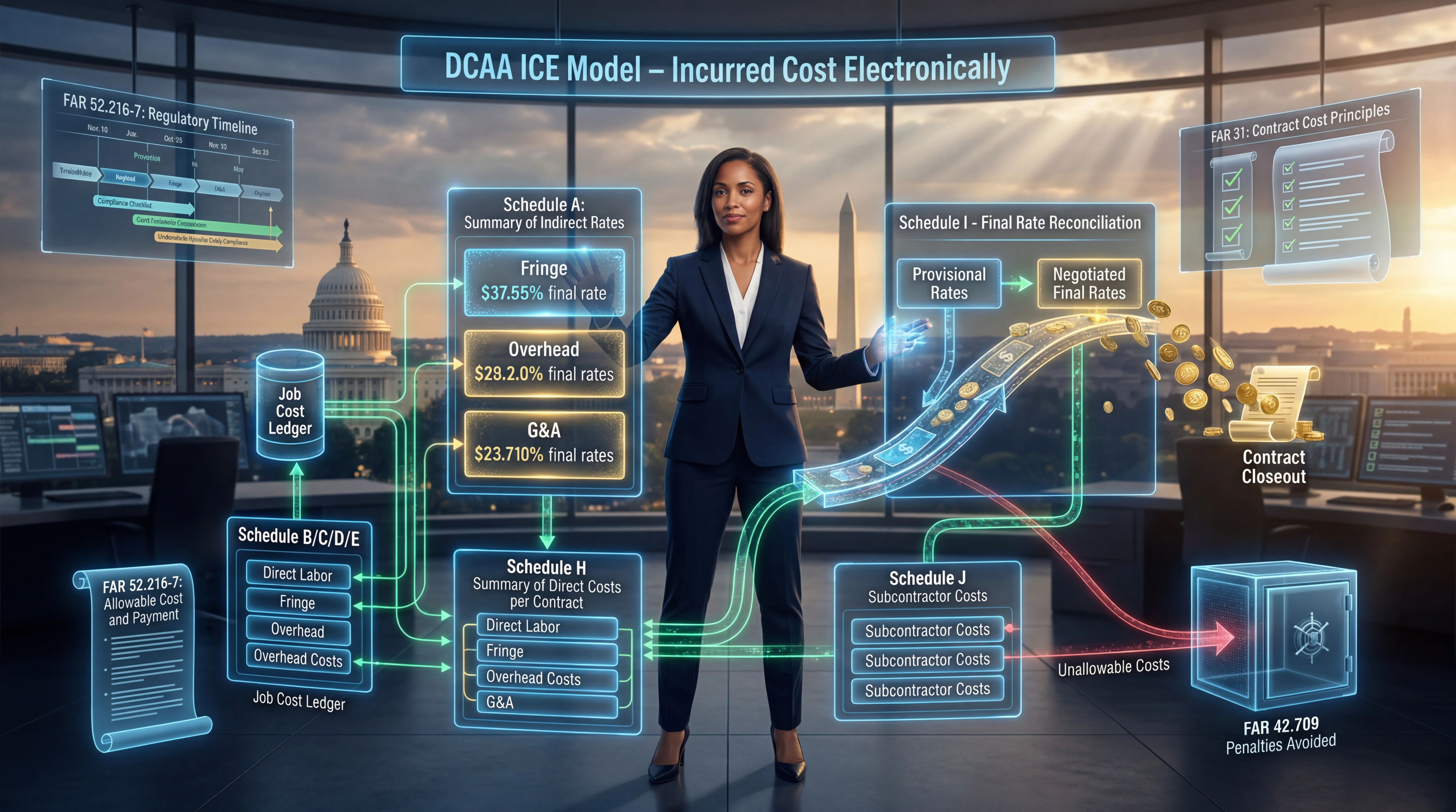 Federal contracting professional presenting the DCAA ICE Model — Incurred Cost Electronically — with holographic ICE model schedules showing Schedule A summary of indirect rates (fringe, overhead, G&A), Schedule H direct costs per contract, Schedule I final rate reconciliation from provisional to negotiated rates, Schedule J subcontractor costs, and the FAR 52.216-7 and FAR Part 31 compliance framework, with contract closeout and FAR 42.709 penalties avoided indicators against a Washington D.C. skyline background