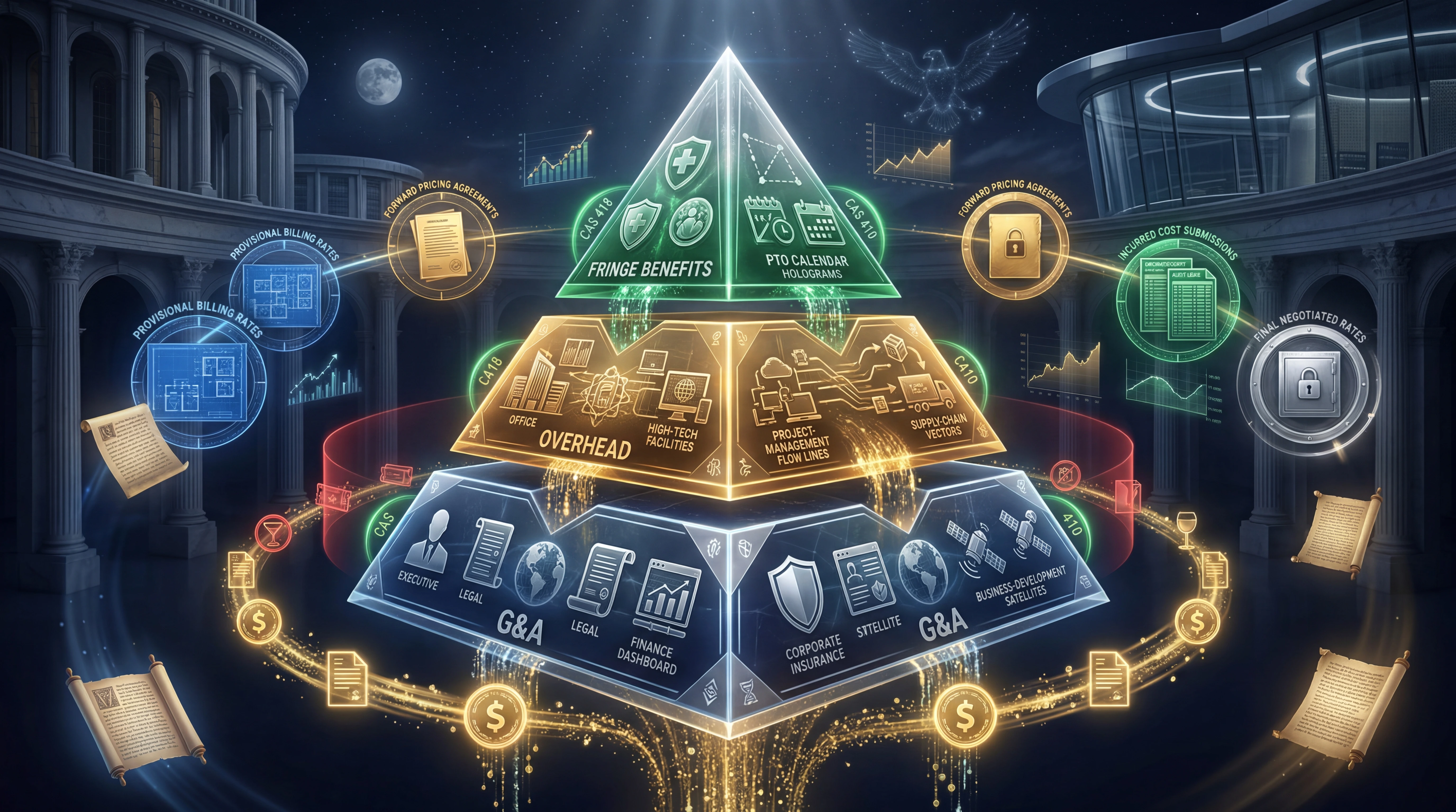 3D layered pyramid diagram of government contractor indirect cost rate structure: top green tier labeled Fringe Benefits with CAS 418 health and PTO calendar icons, middle gold tier labeled Overhead with office facilities and project management flow lines, bottom navy tier labeled G&A with executive legal finance dashboard and corporate insurance icons — surrounded by floating orbital panels for Provisional Billing Rates, Forward Pricing Agreements, Incurred Cost Submissions, and Final Negotiated Rates, set against a government building colonnade and night sky backdrop