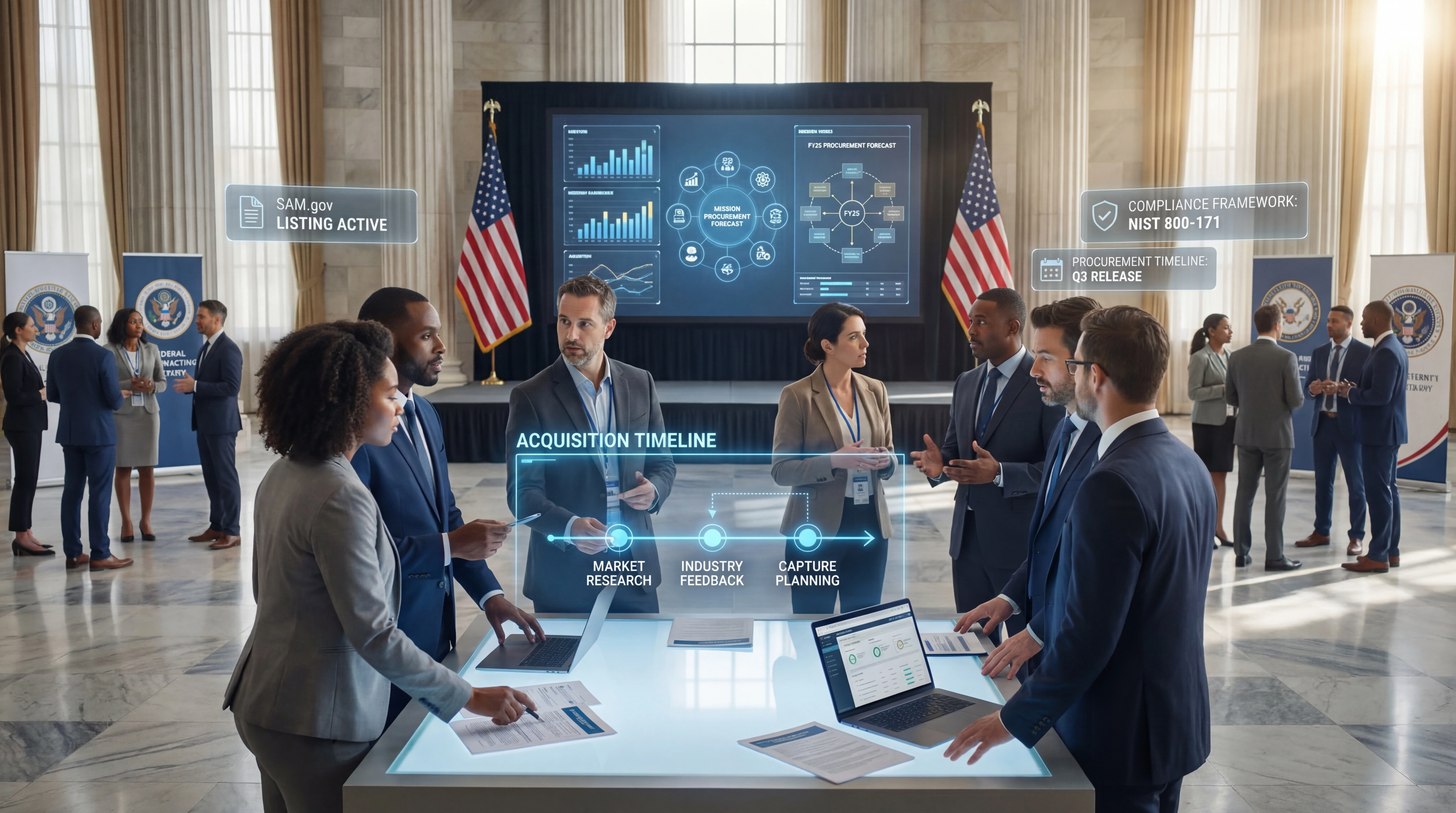 Government contractors and agency officials discussing acquisition timelines, market research, and capture planning at a federal industry day event in a marble-columned government building
