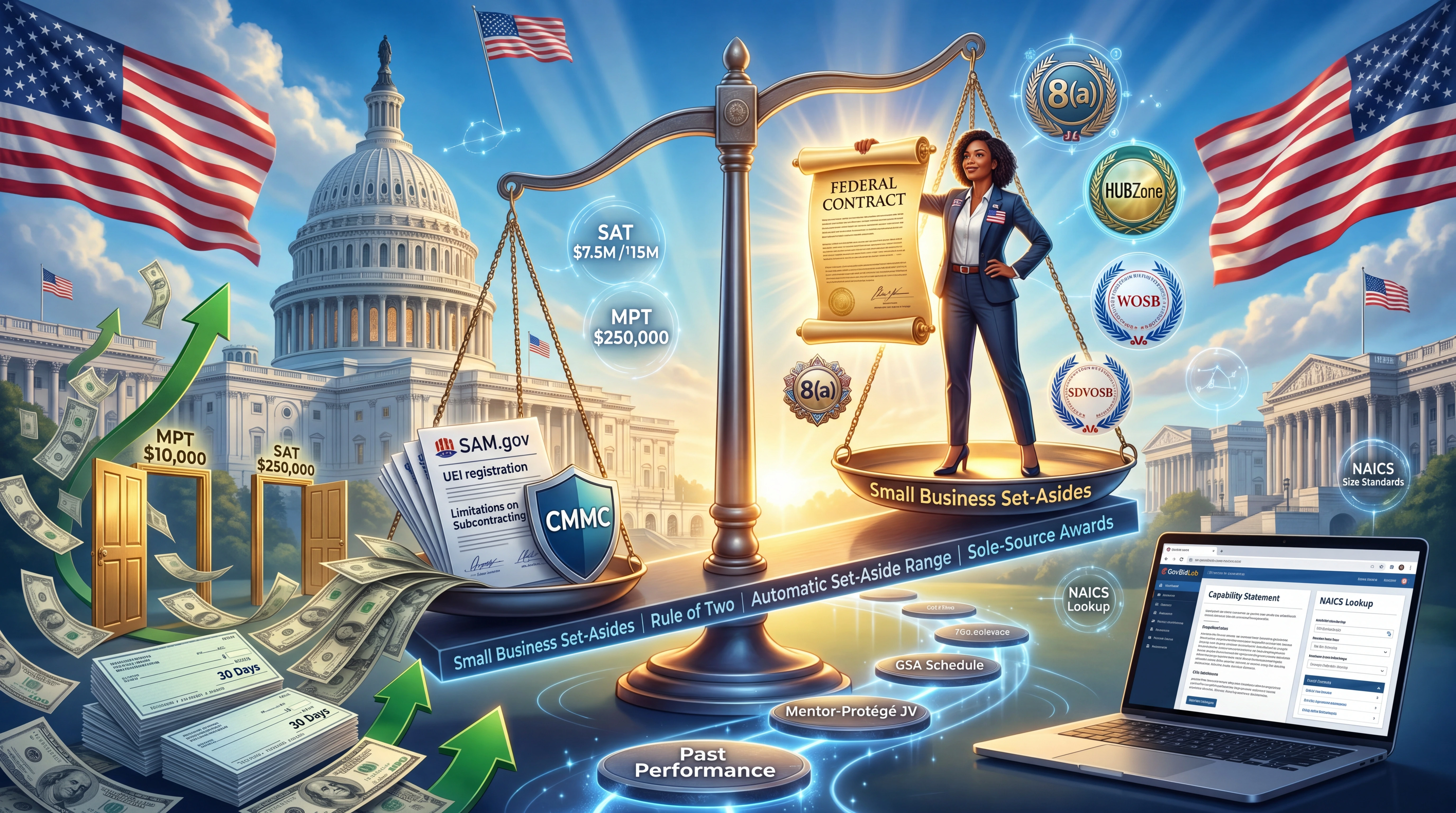 A scales of justice balanced between compliance documents including SAM.gov UEI registration, CMMC shield, and limitations on subcontracting on the left side, and a federal contract scroll held by a confident businesswoman standing on a platform labeled Small Business Set-Asides alongside 8(a), HUBZone, WOSB, and SDVOSB certification badges on the right, with the U.S. Capitol in the background and dollar bills, 30-day payment arrows, and a GovBidLab laptop showing NAICS Lookup and Capability Statement tools in the foreground