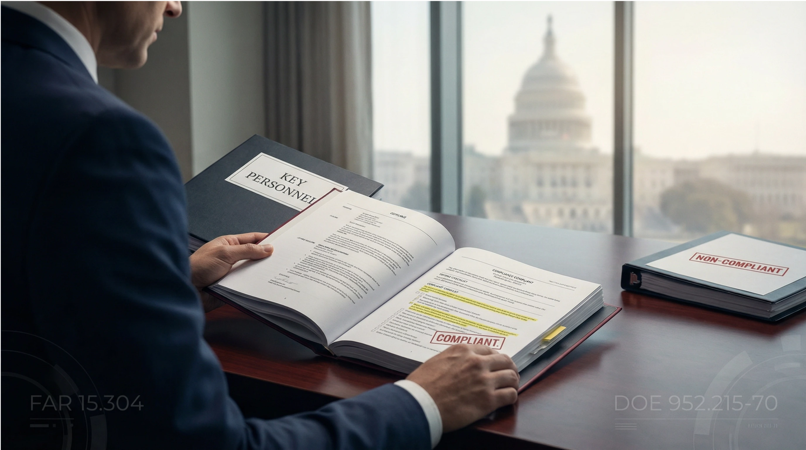 Infographic illustrating key personnel requirements in government contracting — showing resumes, letters of commitment, FAR 15.304 evaluation factors, agency key-person clauses (DOE, HUD, NRC), GAO bid protest considerations, bait-and-switch risks, and a repeatable capture-to-delivery strategy for winning federal contracts