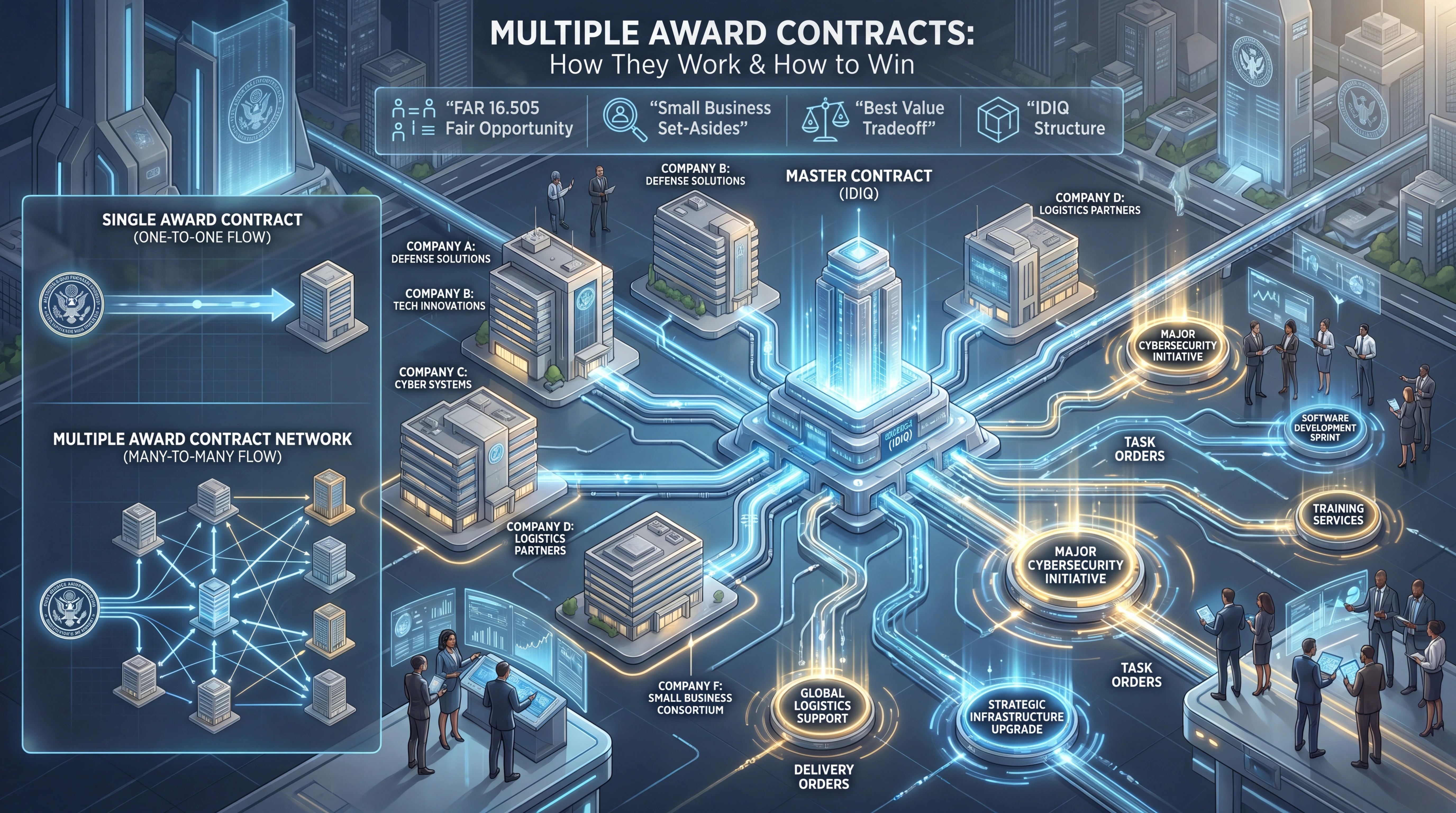 An isometric diagram comparing a Single Award Contract one-to-one flow on the left against a Multiple Award Contract network many-to-many flow on the right, with a central IDIQ Master Contract hub connecting Company A through F including a Small Business Consortium, radiating task orders for Major Cybersecurity Initiative Software Development Sprint and Training Services and delivery orders for Global Logistics Support and Strategic Infrastructure Upgrade, with FAR 16.505 Fair Opportunity Small Business Set-Asides Best Value Tradeoff and IDIQ Structure labels at the top, a futuristic government procurement skyline in the background, and diverse contractor teams reviewing documents on the right side