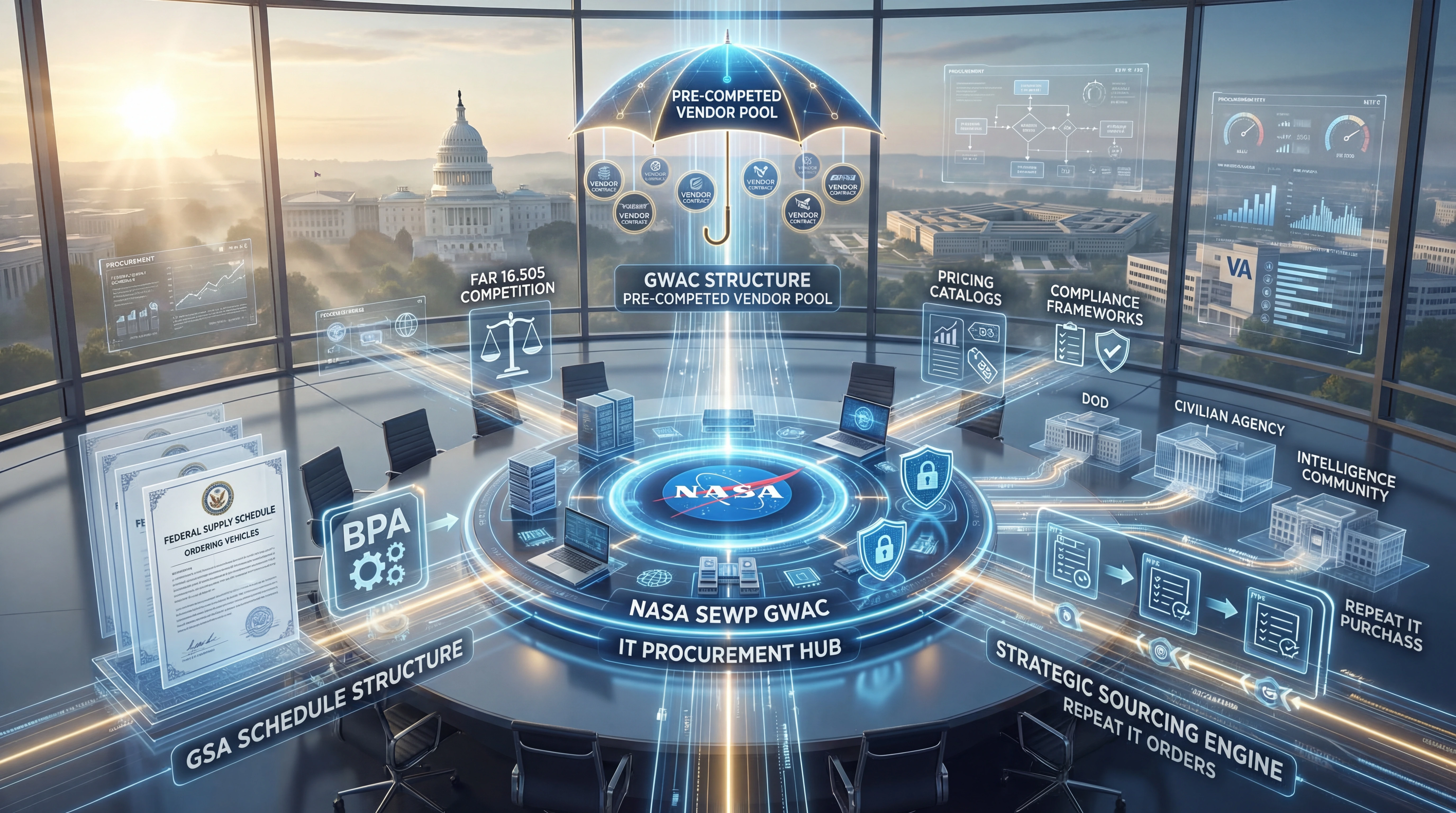 NASA SEWP Governmentwide Acquisition Contract (GWAC) IT procurement hub diagram showing the pre-competed vendor pool under a GWAC umbrella structure, FAR 16.505 competition pathways, pricing catalogs, compliance frameworks, and strategic sourcing engine for repeat IT orders across DoD, civilian agencies, and the intelligence community, with GSA Schedule and BPA structures shown for comparison