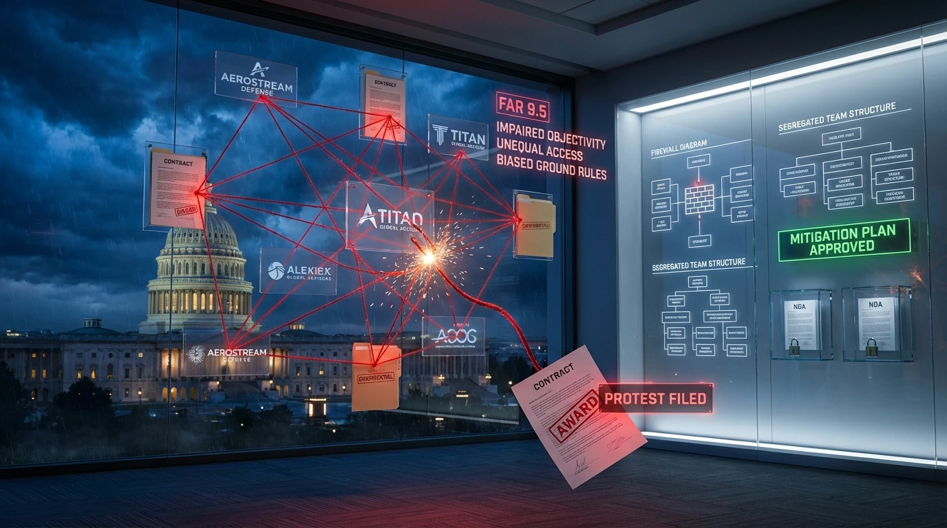 Government contracting war room showing FAR 9.5 organizational conflict of interest analysis — red network mapping conflicts between defense contractors near the U.S. Capitol, with impaired objectivity, unequal access, and biased ground rules labels; firewall diagram and segregated team structure on a digital board; approved OCI mitigation plan; NDA locks; and a contract award document with a protest filed stamp illustrating bid protest risk