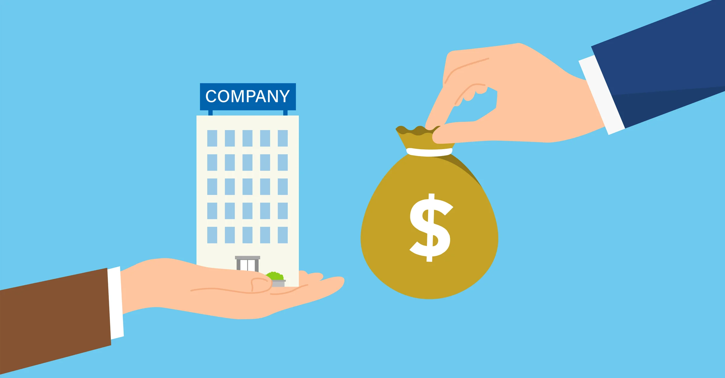 Illustration of a private equity acquisition — one hand holding a company building while another hand offers a money bag with a dollar sign, representing the purchase of a government contracting firm