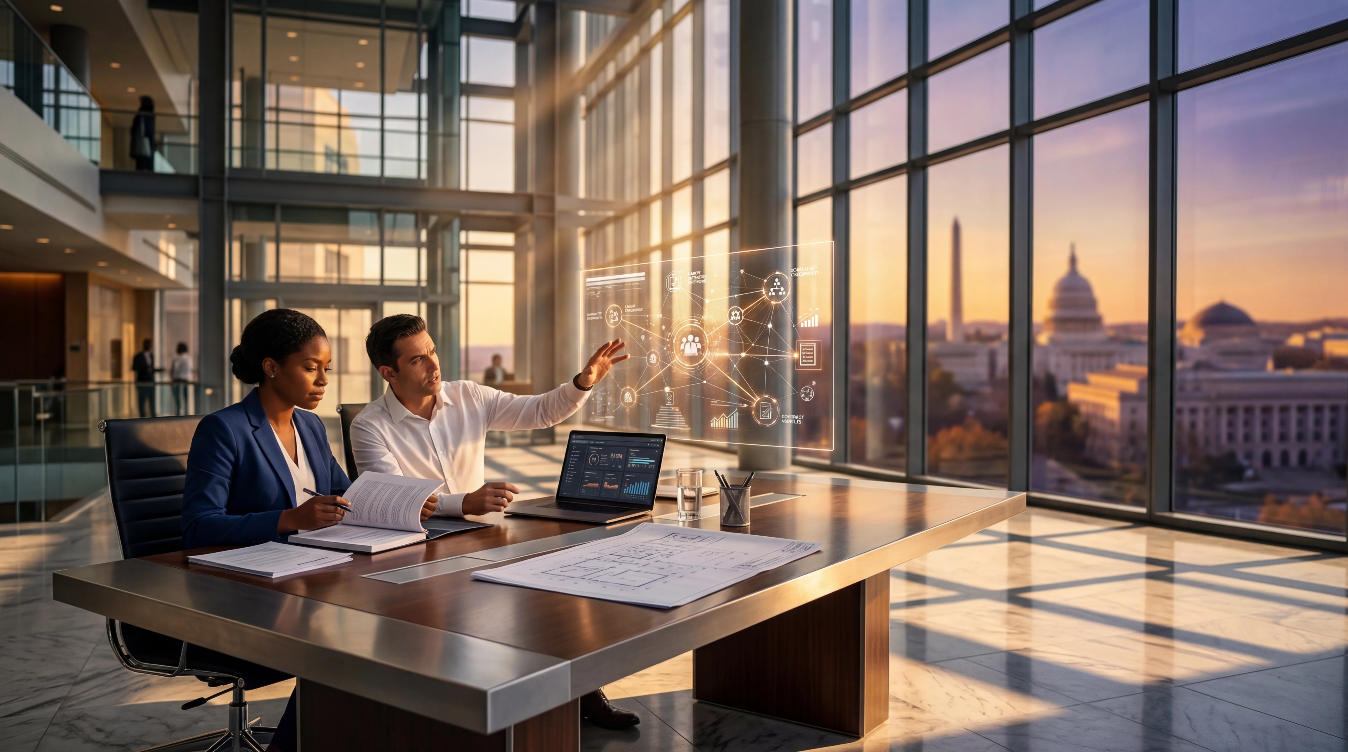 Two federal contracting professionals reviewing professional services contract data on a holographic display in a modern glass office overlooking the U.S. Capitol at sunset, representing government consulting and FAR Part 37 service contracting strategy