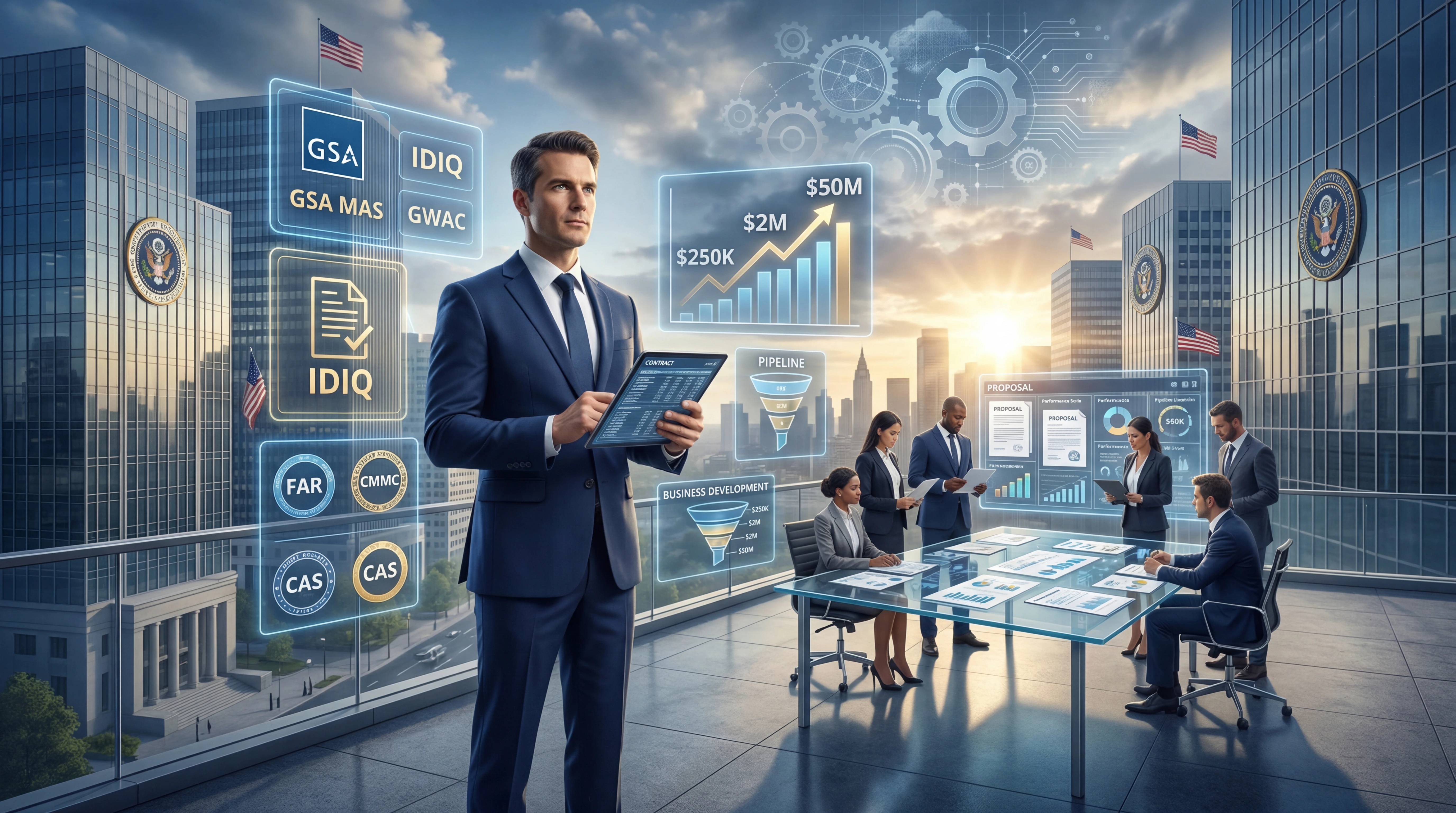 Government contracting executive reviewing a digital growth dashboard with GSA MAS, IDIQ, GWAC contract vehicle badges and compliance threshold charts showing $250K SAT, $2M TINA, $7.5M CAS, and $50M CPSR milestones, with a diverse business development team collaborating around a conference table and the U.S. Capitol visible through the window