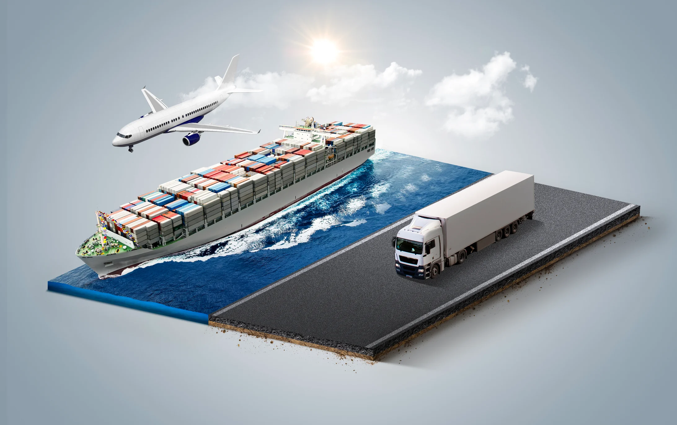 3D illustration of global supply chain logistics showing a cargo airplane, container ship on water, and freight truck on a highway, representing multimodal transportation for government contractor supply chain management