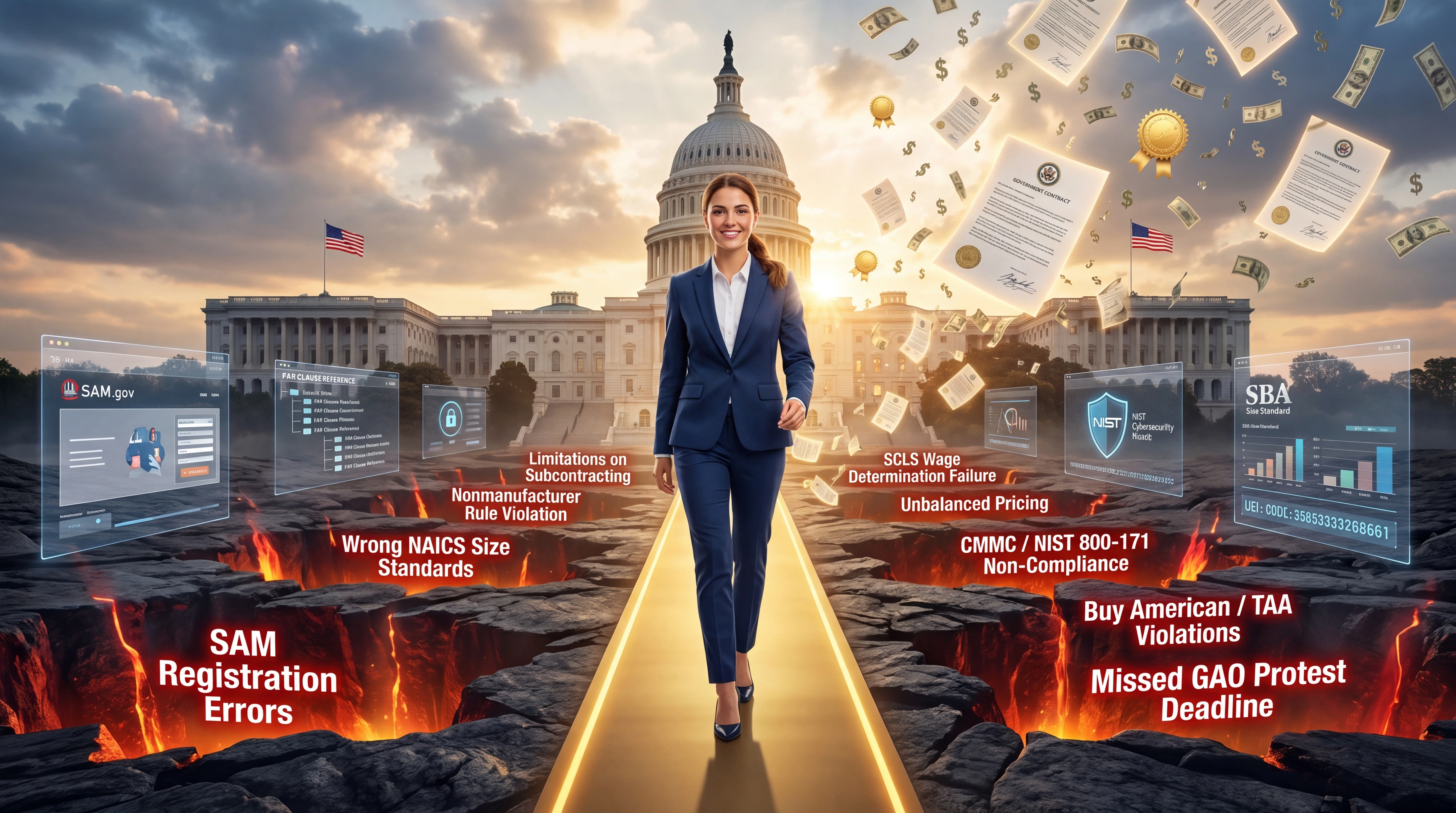 Professional contractor walking a golden path toward the U.S. Capitol with glowing warning labels floating on each side — SAM Registration Errors, Wrong NAICS Size Standards, Nonmanufacturer Rule Violation, Limitations on Subcontracting, SCLS Wage Determination Failure, Unbalanced Pricing, CMMC / NIST 800-171 Non-Compliance, Buy American / TAA Violations, and Missed GAO Protest Deadline — representing the top mistakes new government contractors must avoid