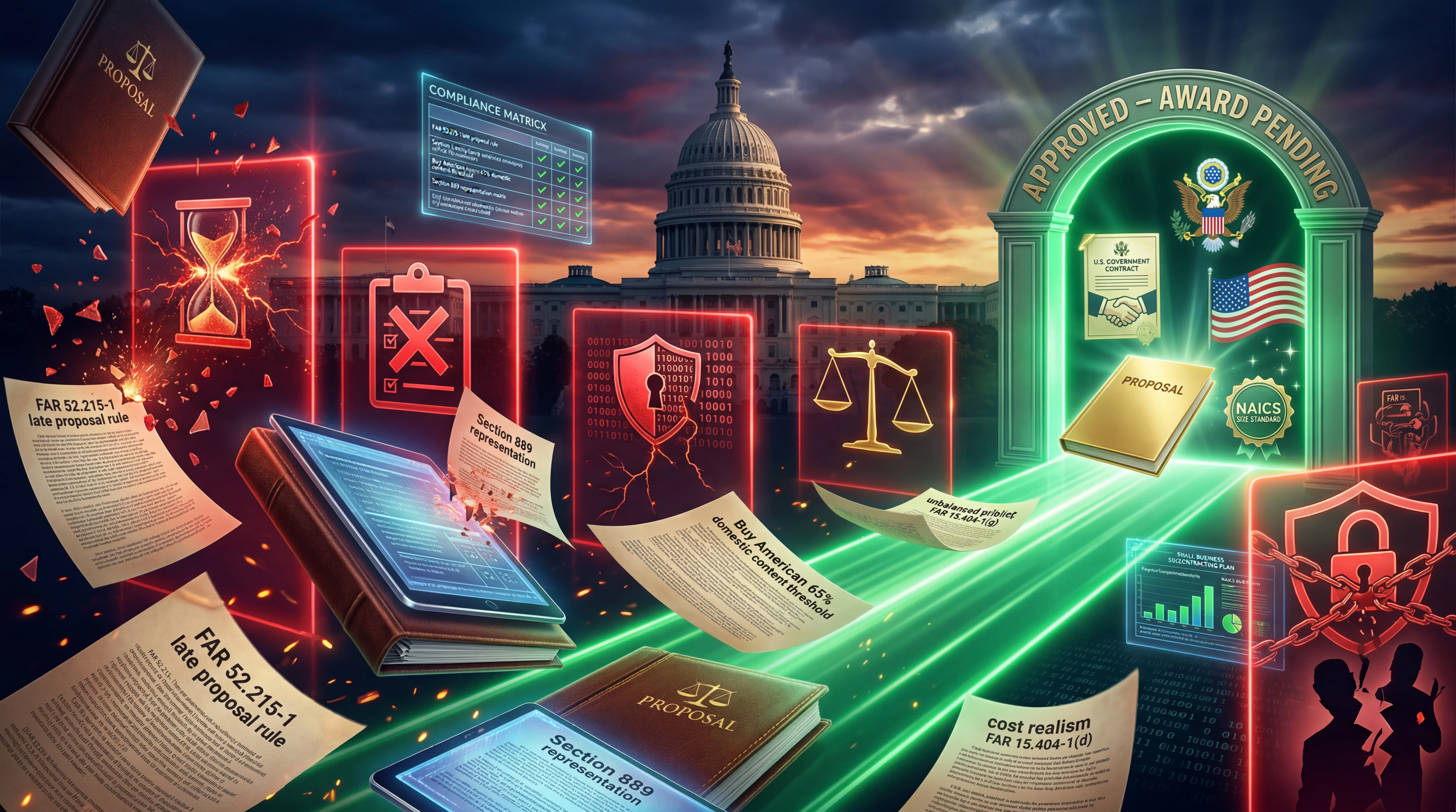 Government proposal rejection concepts — FAR 52.215-1 late proposal rule, Section 889 representation checklist, Buy American domestic content threshold, compliance matrix, and cost realism FAR 15.404-1(d) — with the U.S. Capitol visible in the background at dusk and a green 'Approved – Award Pending' gateway arch